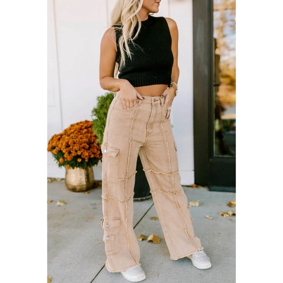 POL Reverse Seamed Relaxed Fit Straight Wide Leg Cargo Jeans in Coffee - Picture 11 of 13